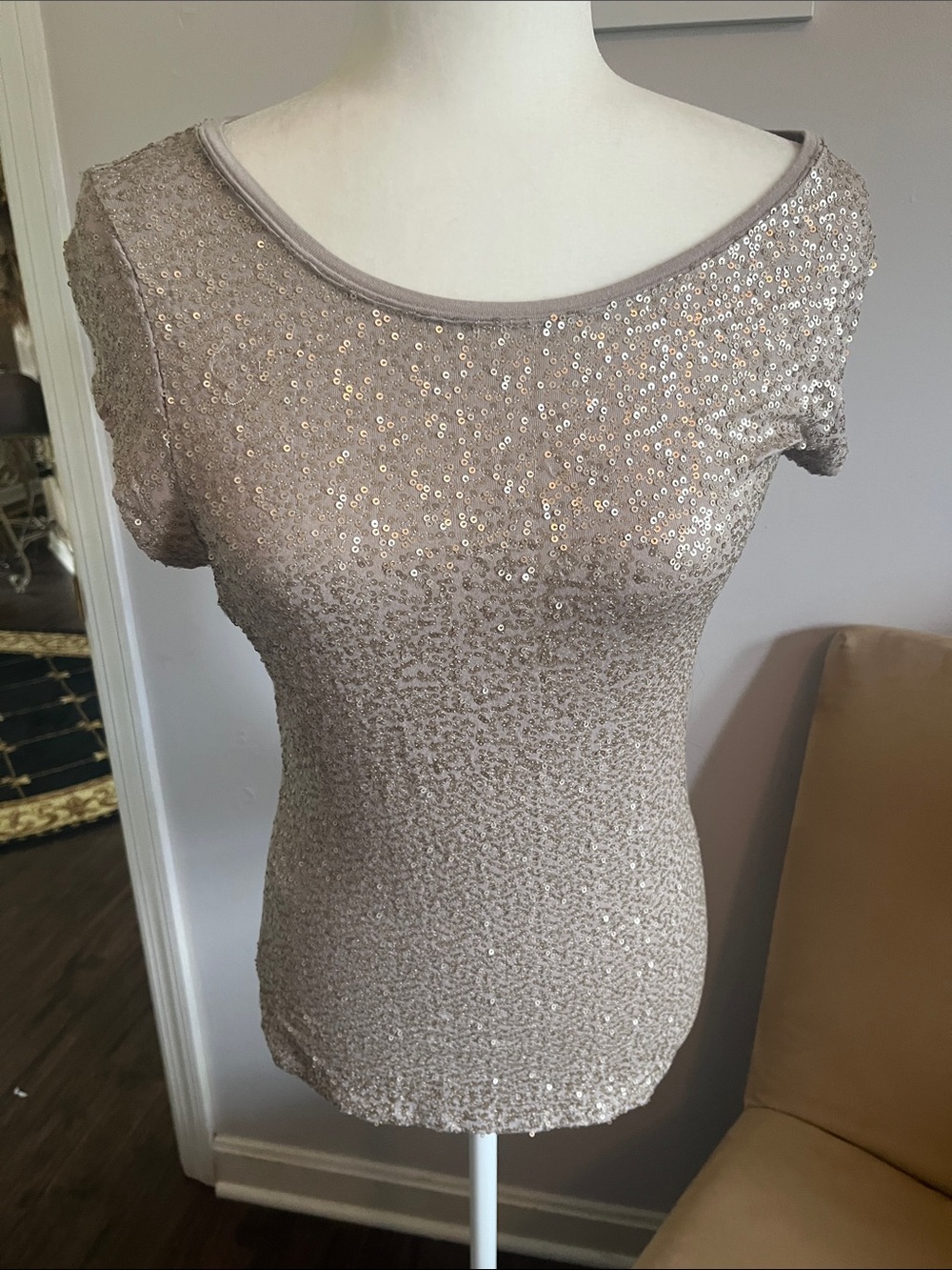 INC International Concepts Taupe Sequin Scoop Neck Cap Sleeve Top